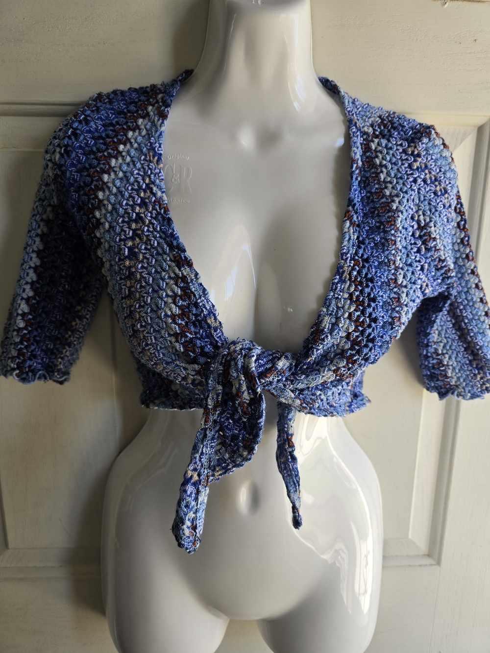 Anna Sui Multitone Blue Cropped Tie-Front Knit Shrug with Brown Accents